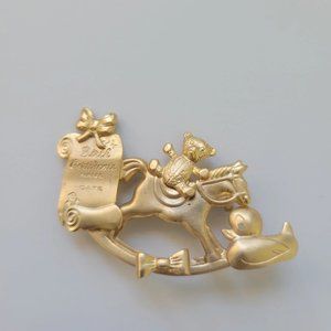 Vintage Rocking Horse Brooch Pin Bear Duck Gold Tone Birth Certificate Jewelry